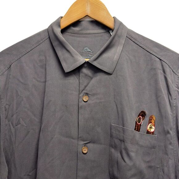 Tommy Bahama Mens M Hawaiian Silk Gray Cigar Shirt Tonights Forecast Mostly Wild - Picture 2 of 7